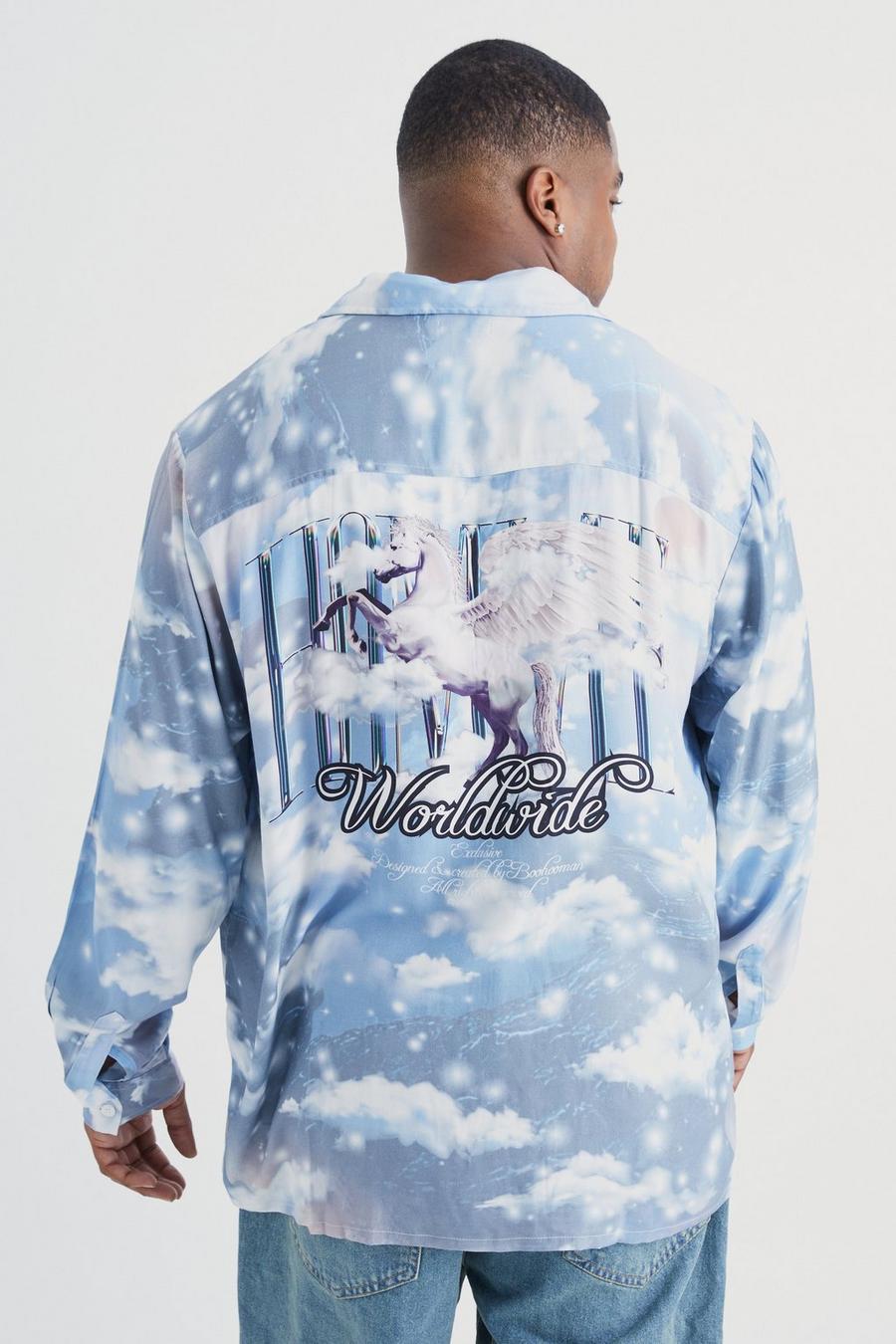 Camisa Plus de manga larga y viscosa con estampado de unicornio en la espalda, Blue image number 1