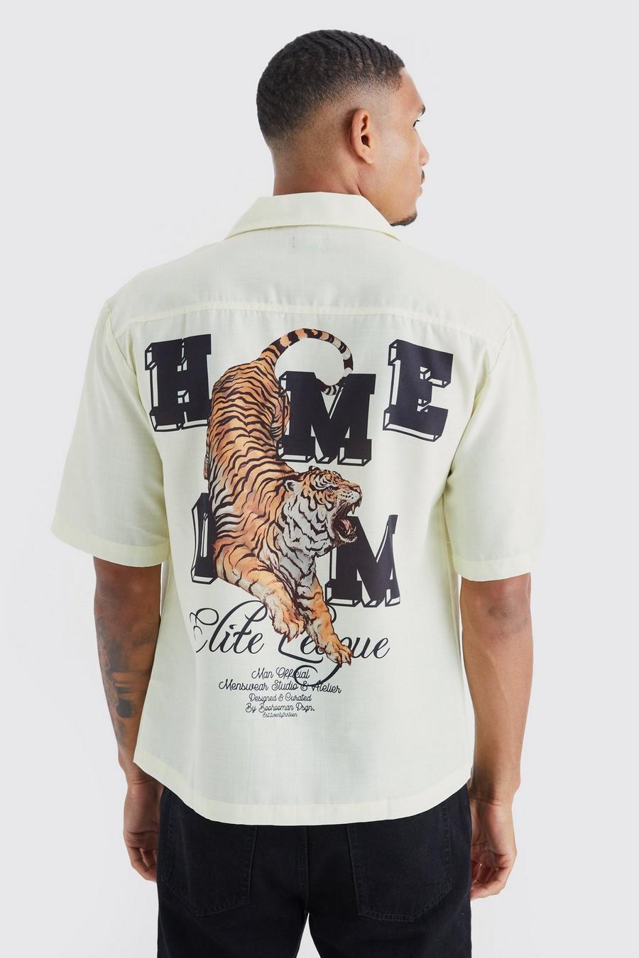 Ecru Tall Dropped Revere Slub Tiger Back Print Shirt