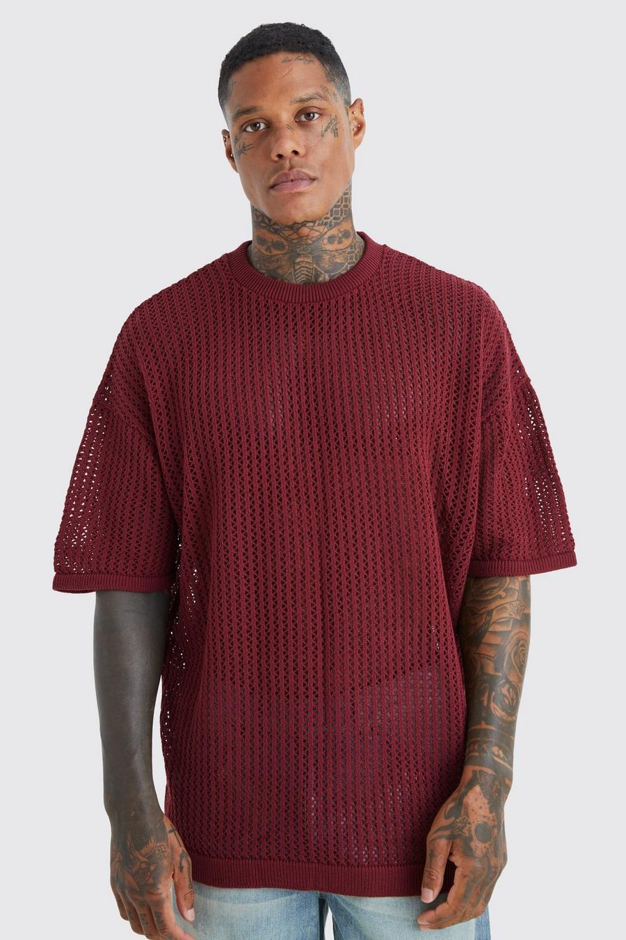 Burgundy Oversized Drop Shoulder Open Stitch T-shirt