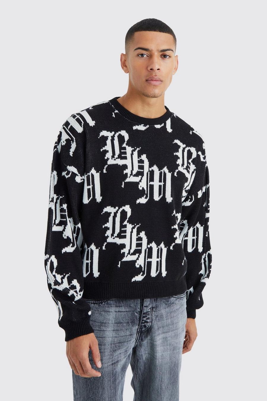 Black Boxy All Over Print Knitted Jumper image number 1