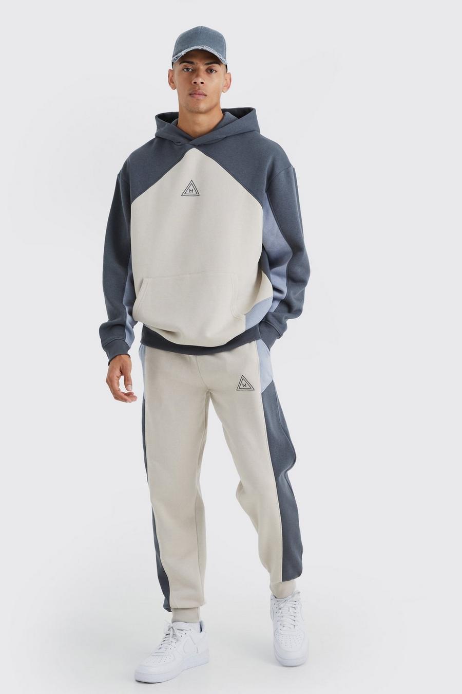 Charcoal Oversized Branded Colour Block Hooded Tracksuit