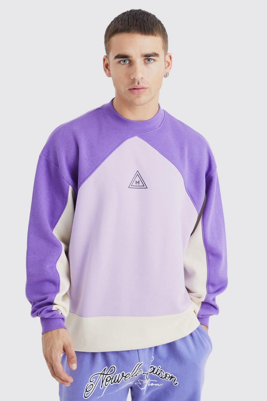 Purple Oversized Extended Neck Branded Colour Block Sweatshirt