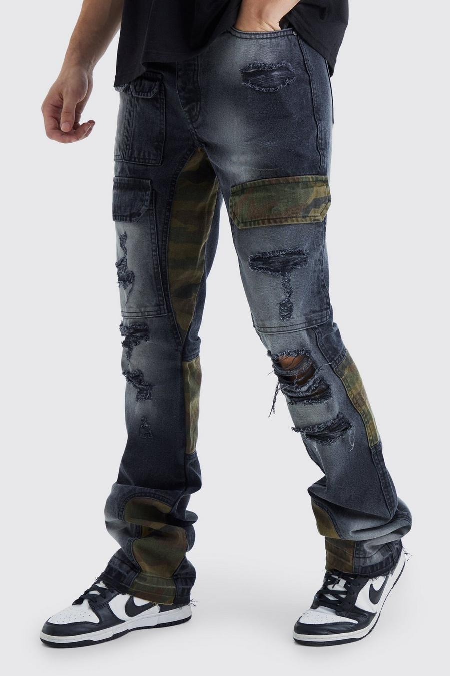 Jeans Cargo Tall Slim Fit in denim rigido in fantasia militare con rattoppi, Washed black