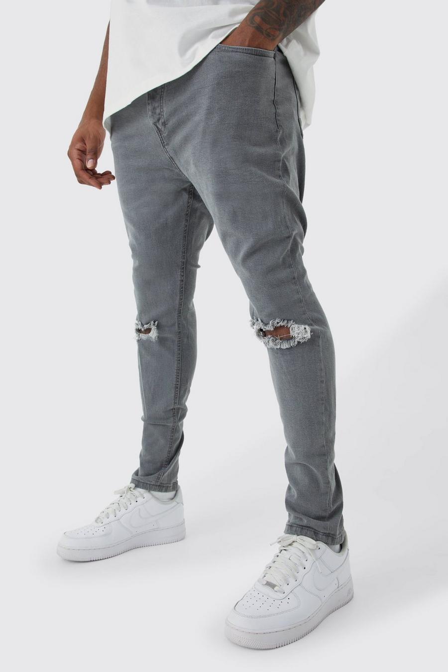 Jeans Plus Size Super Skinny Fit Stretch con strappi sul ginocchio, Mid grey