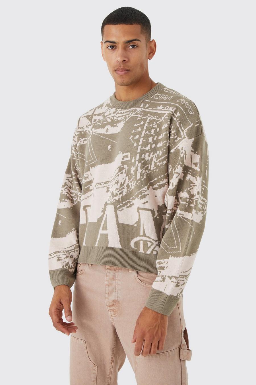 Kastiger Oversize Pullover mit Print, Taupe