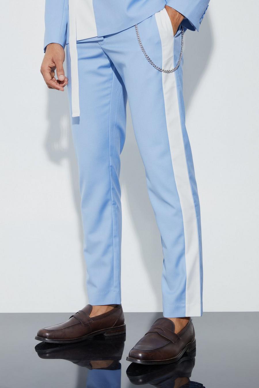 Pantaloni Slim Fit a blocchi di colore con catena, Light blue