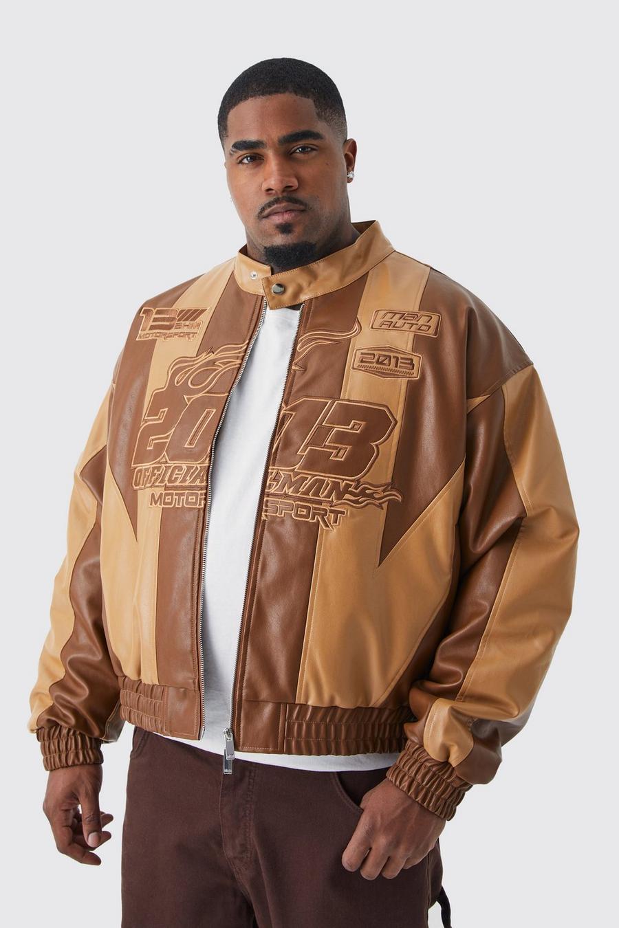 Giacca da moto Plus Size squadrata con applique e pannelli in PU, Brown