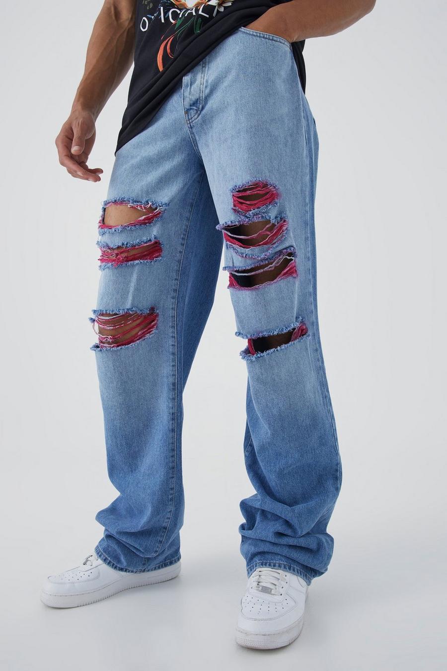 Tall lockere Kontrast-Jeans mit Rissen, Vintage blue