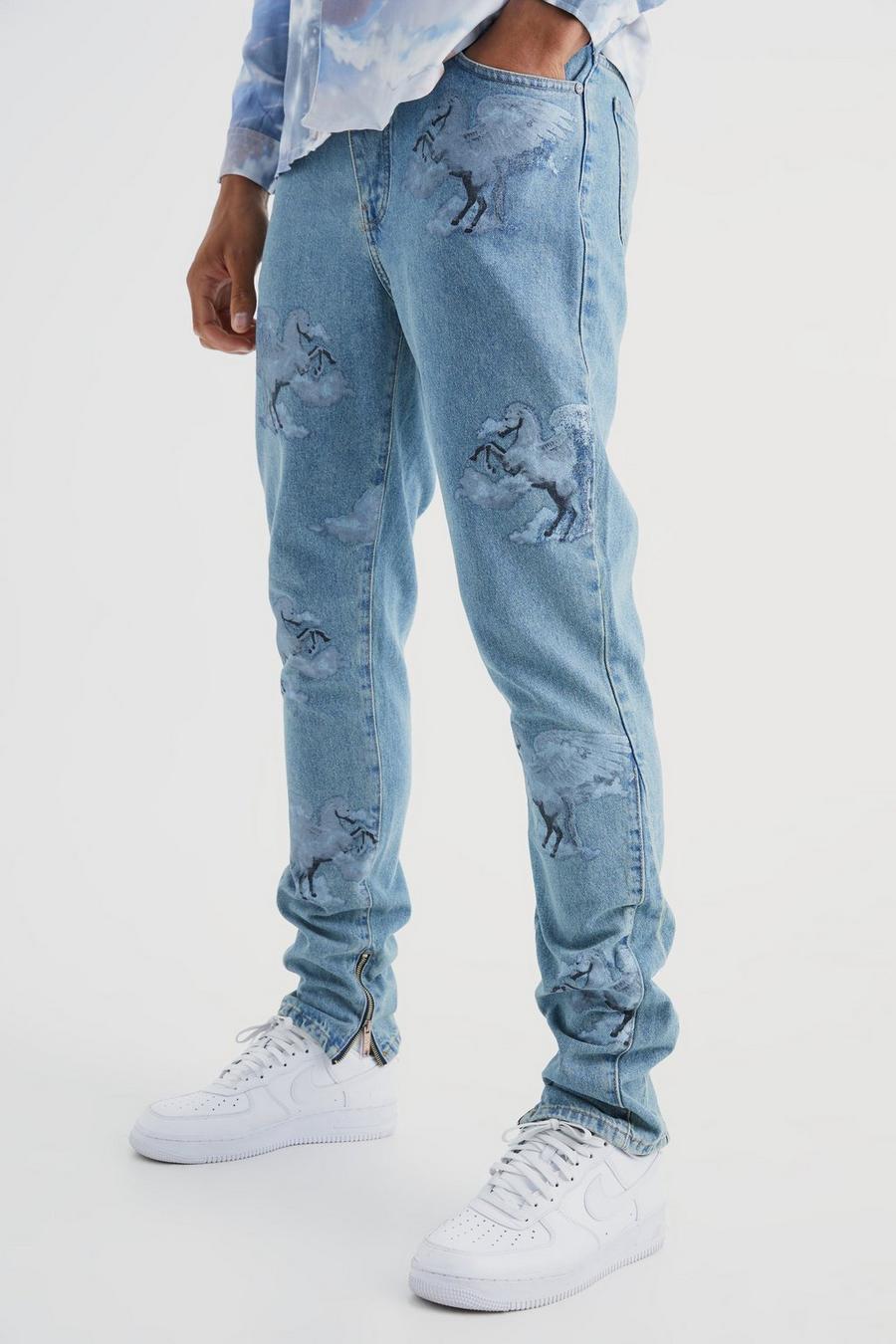 Jeans Tall Slim Fit in denim rigido con grafica all over e inserti, Antique wash