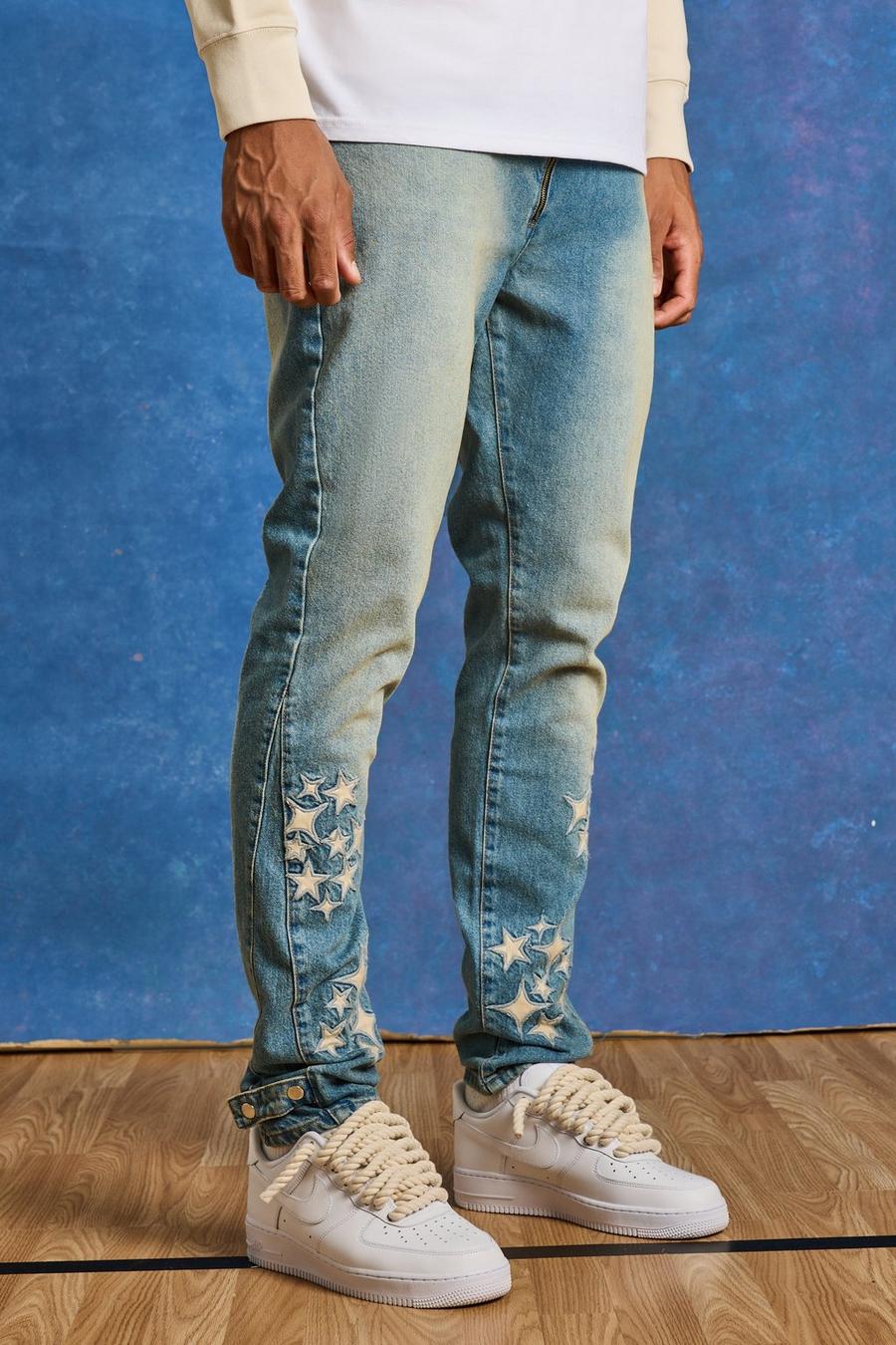 Jeans Tall Slim Fit in PU rigido con applique e inserti, Antique wash