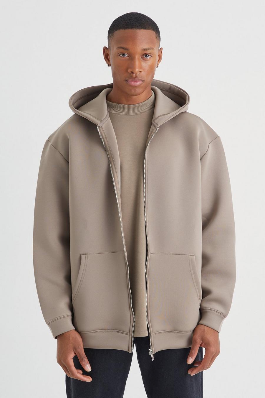 Taupe Oversized Zip Through Bonded Scuba Hoodie image number 1