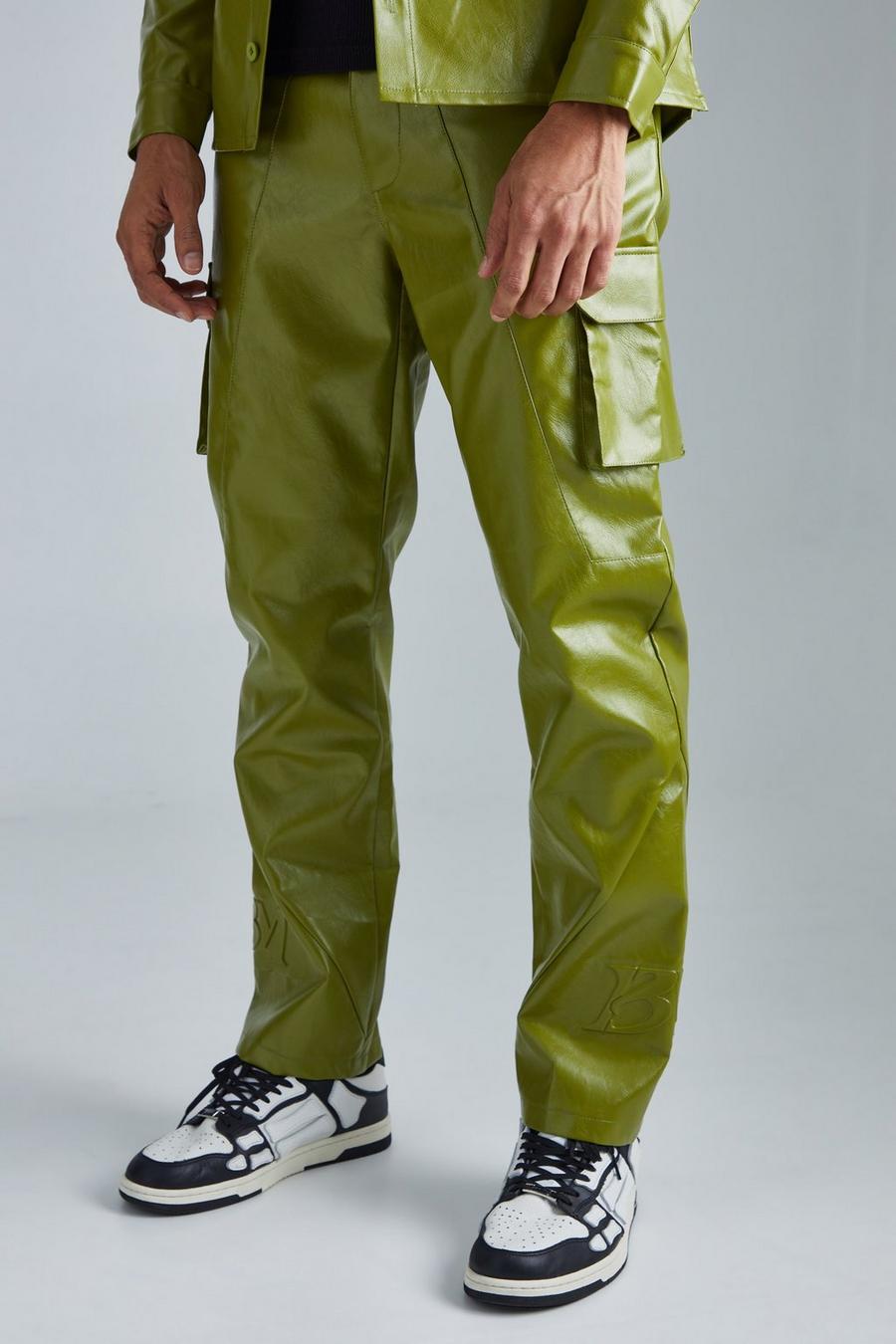Pantalón cargo de cuero sintético con pernera recta y cintura fija en relieve, Khaki
