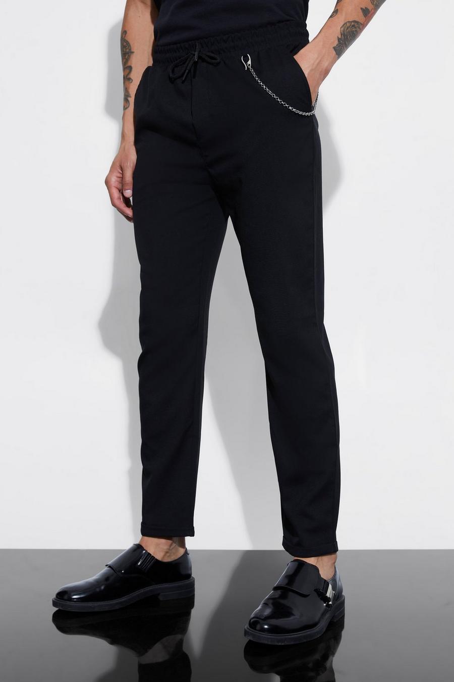 Pantalón elegante con cintura elástica y detalle de cadena, Black image number 1
