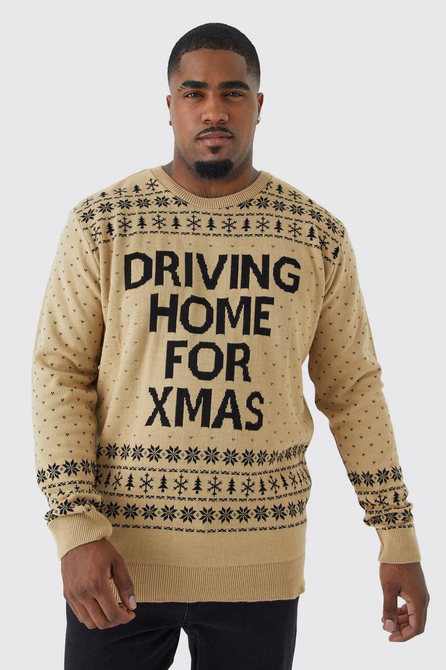 Plus Weihnachtspullover mit Driving Home for Xmas Print, Ecru