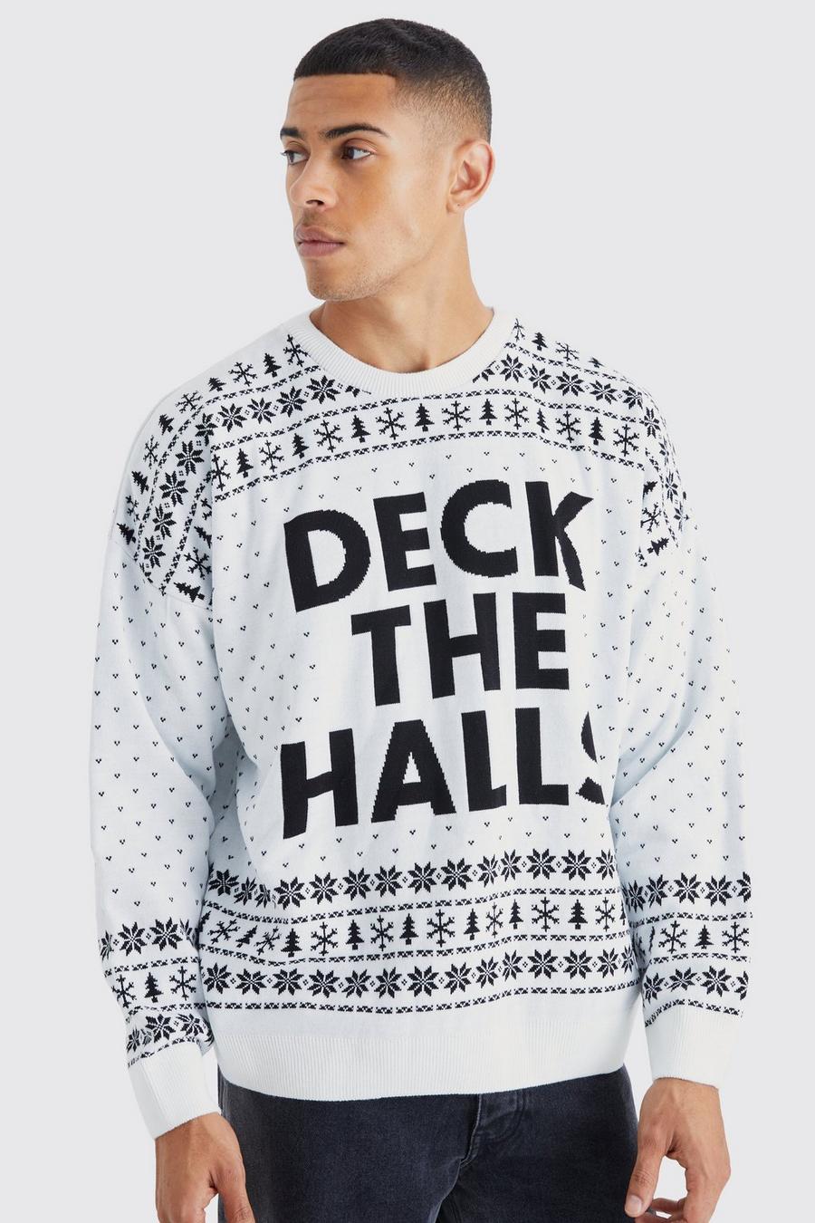 Oversize Weihnachtspullover mit Deck The Halls Print, White
