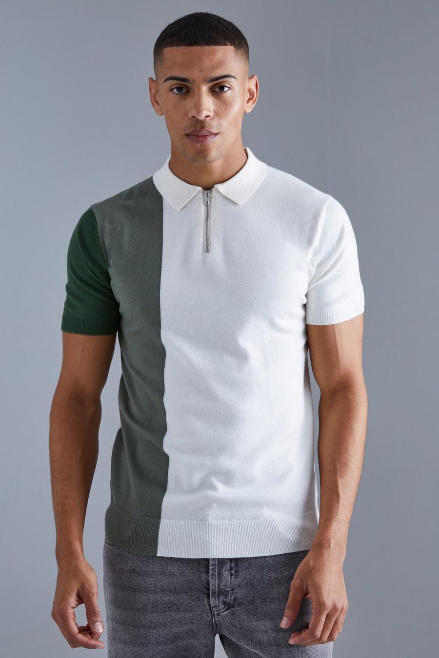 Kurzärmliges Colorblock Strick-Poloshirt mit halbem Reißverschluss, Khaki