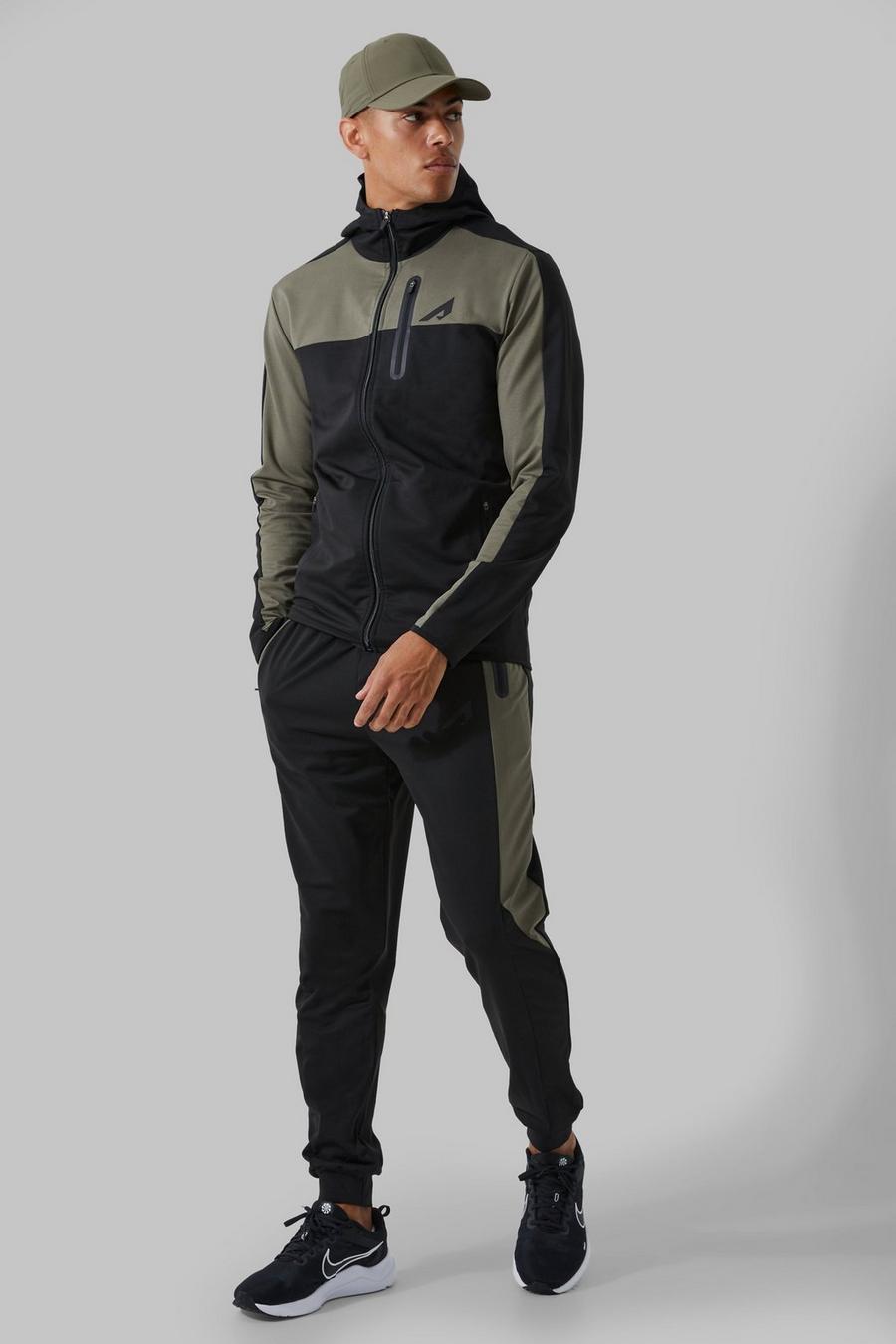 Khaki Active Colour Block Funnel Hooded Tracksuit image number 1