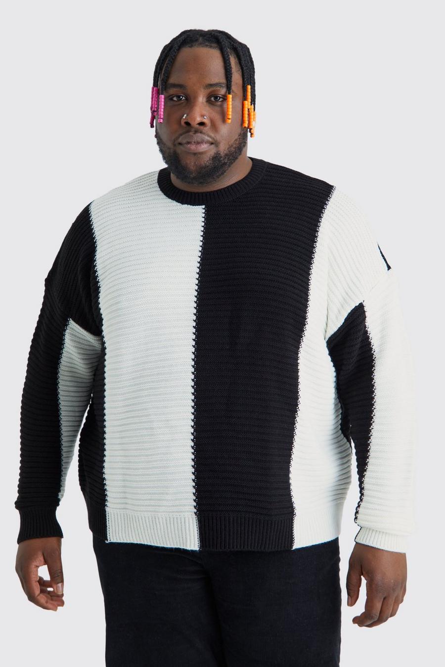 Maglione Plus Size oversize a blocchi di colore con pieghe, Black
