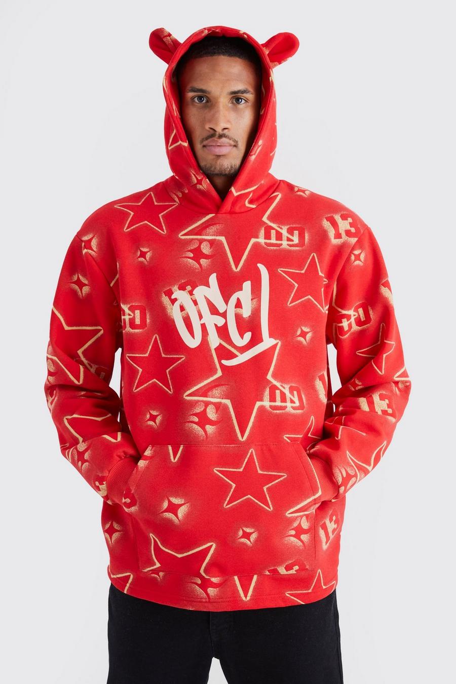 Red Tall Oversized All Over Graffiti Eat Hoodie