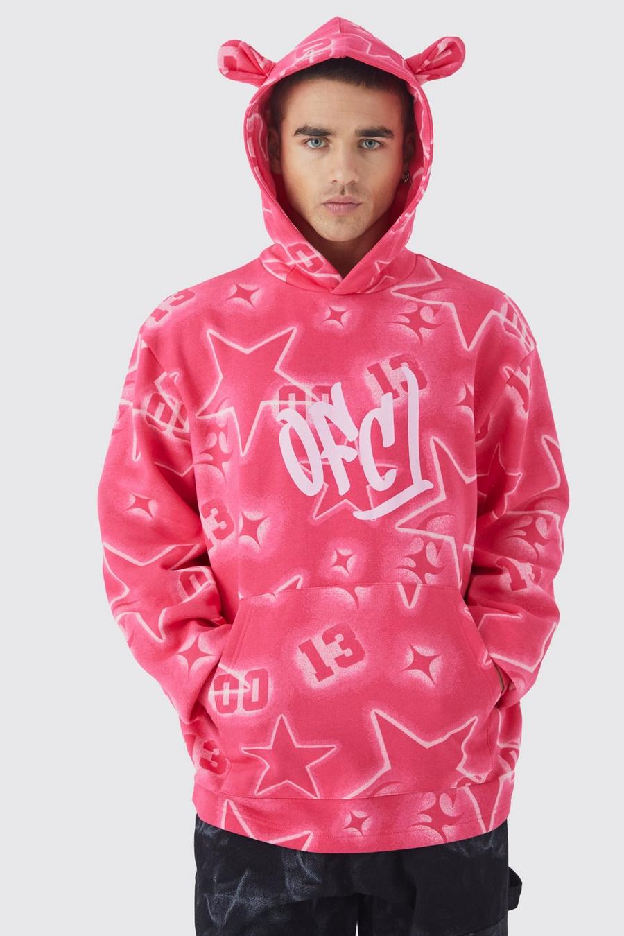 Bright pink Oversized All Over Graffiti Ear Hoodie