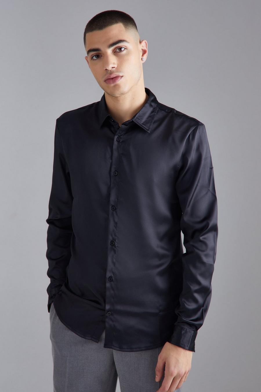 Langärmliges Slim-Fit Satin-Hemd, Black