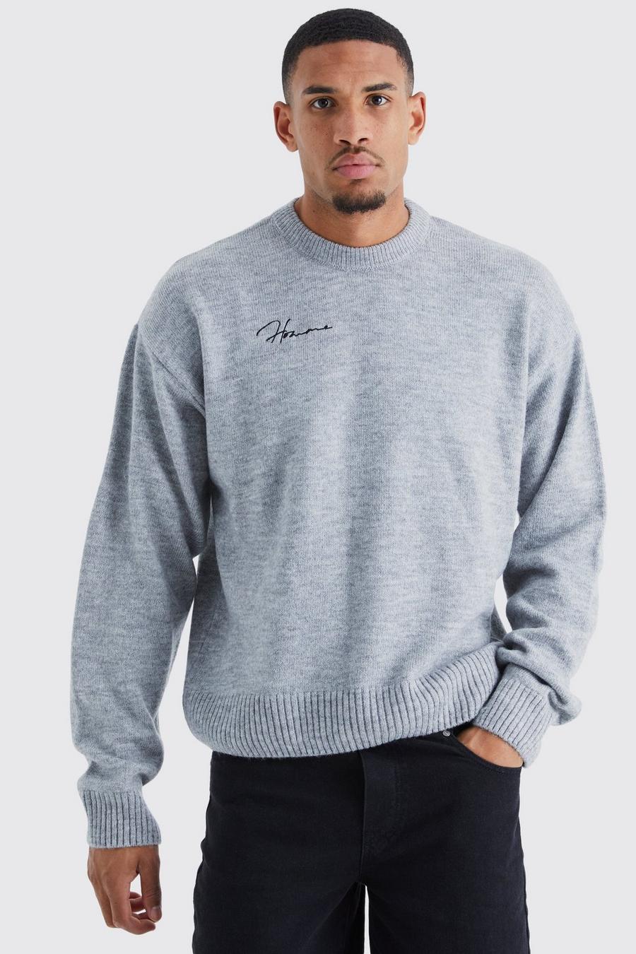 Charcoal Tall Boxy Homme Extended Neck Brushed Rib Knit Jumper