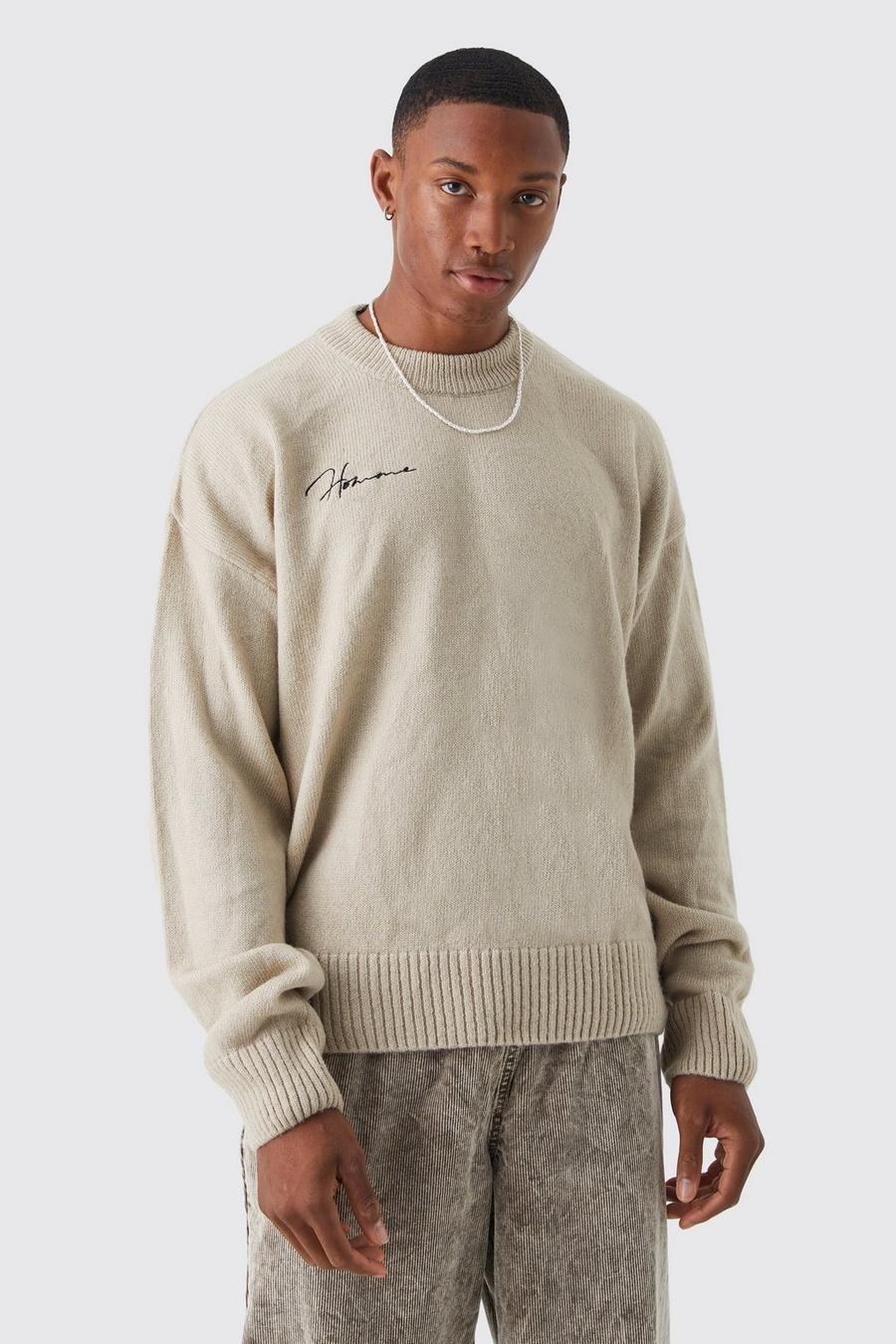 Stone Boxy Homme Extended Neck Brushed Rib Knit Jumper