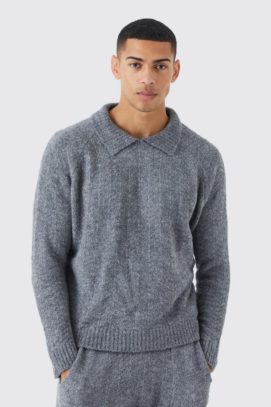 Light grey Oversized Gebreide Herringbone Trui Met Hoge Kraag