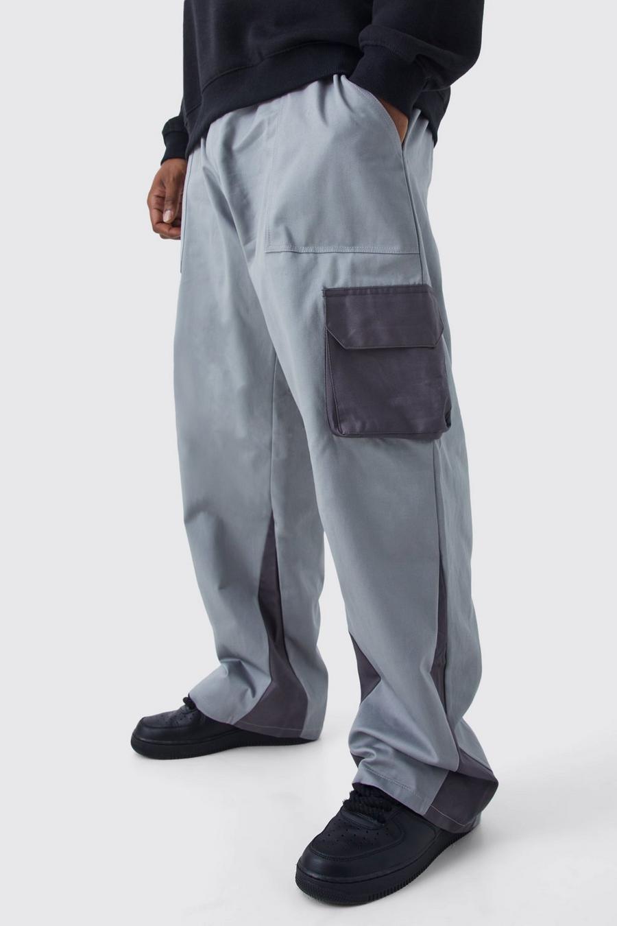 Pantaloni Cargo Plus Size a zampa Slim Fit a blocchi di colore con inserti, Slate