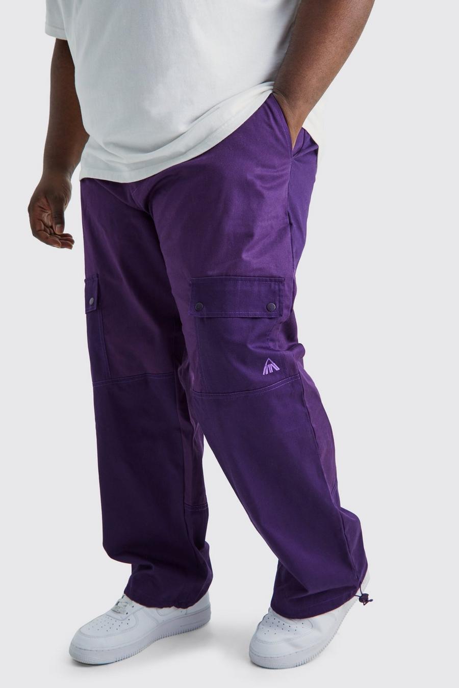 Pantaloni Cargo Plus Size rilassati a blocchi di colore con logo tono su tono, Purple
