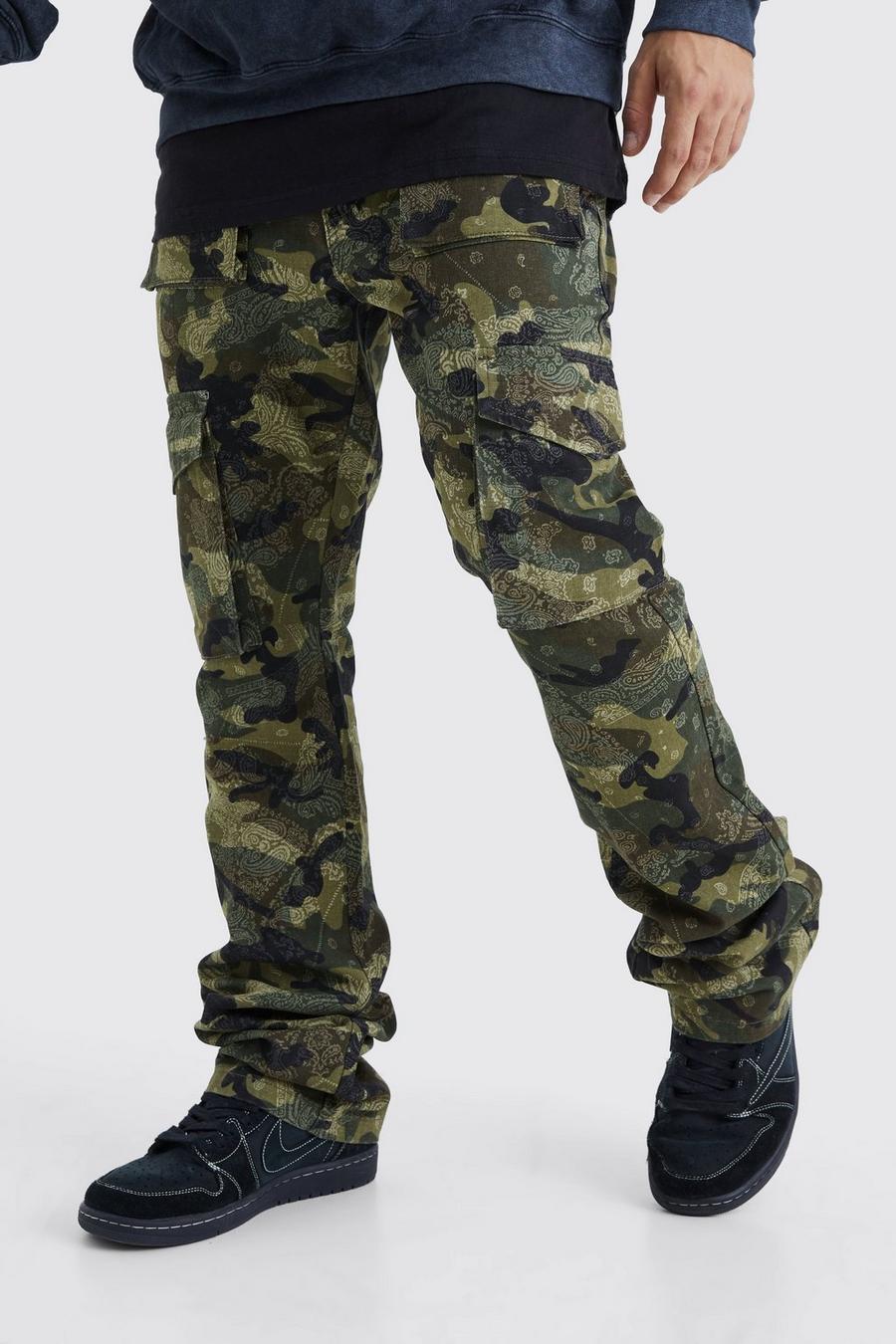 Khaki Slim Stacked Flare Multi Cargo Camo Bandana Trouser