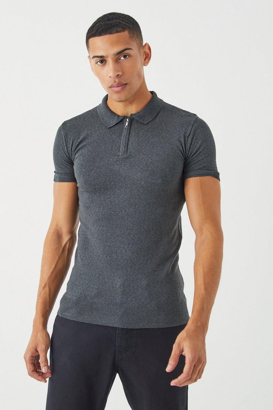 Charcoal Muscle Fit Short Sleeve Half Zip Polo
