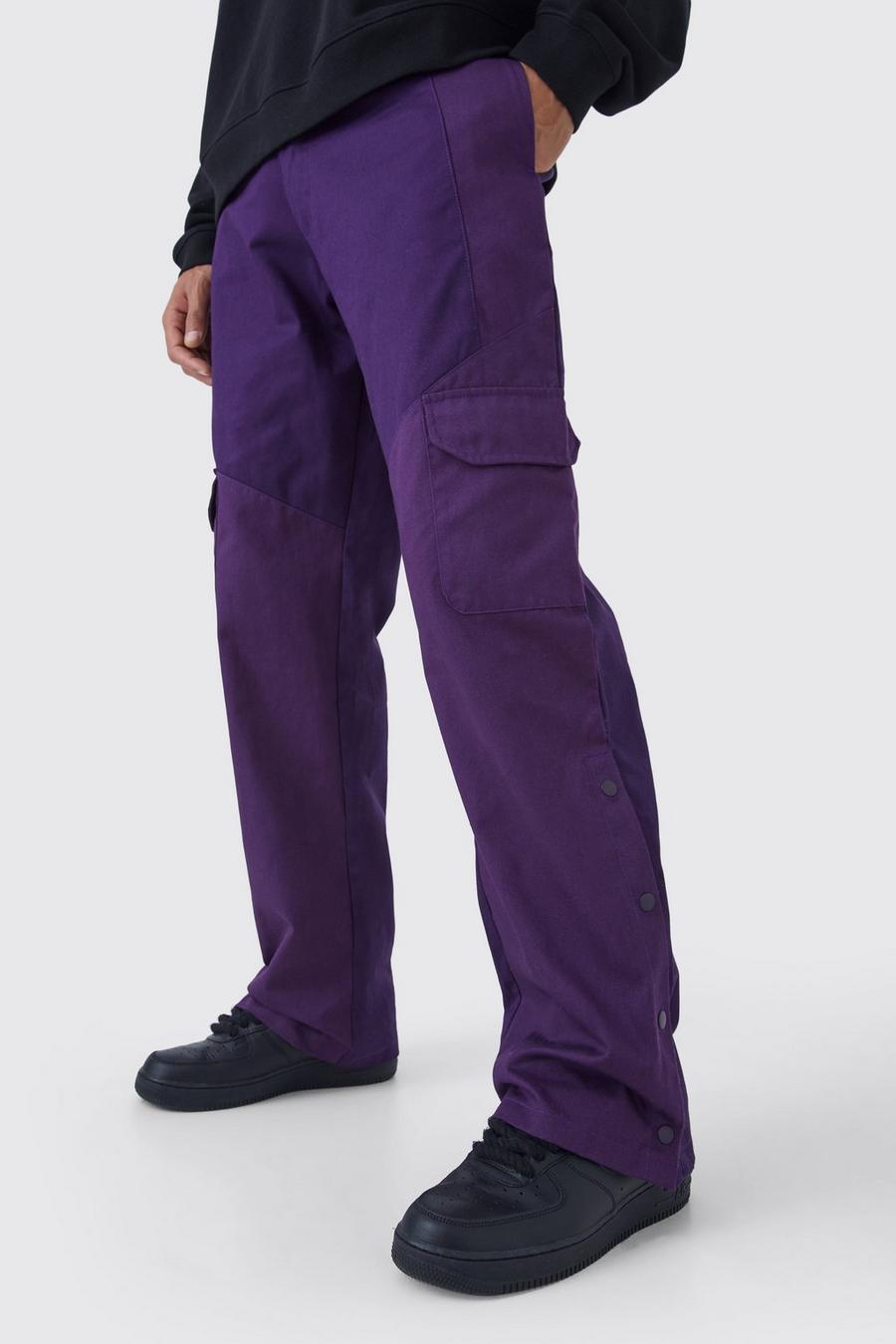 Pantaloni Cargo Tall Slim Fit a blocchi di colore con etichetta in tessuto, Purple