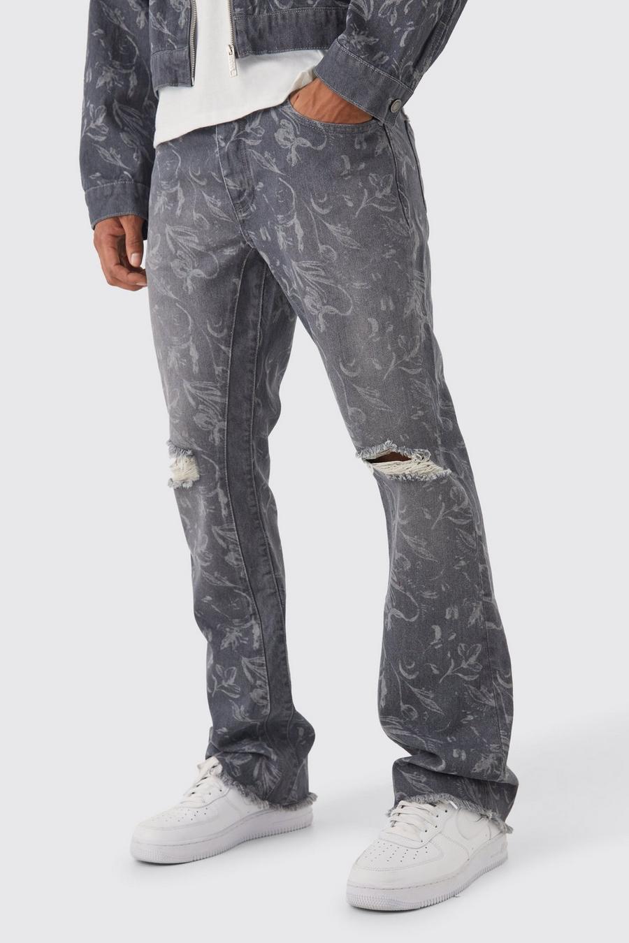 Grey Slim Fit Flared Laser Print Jeans Met Gusset Detail
