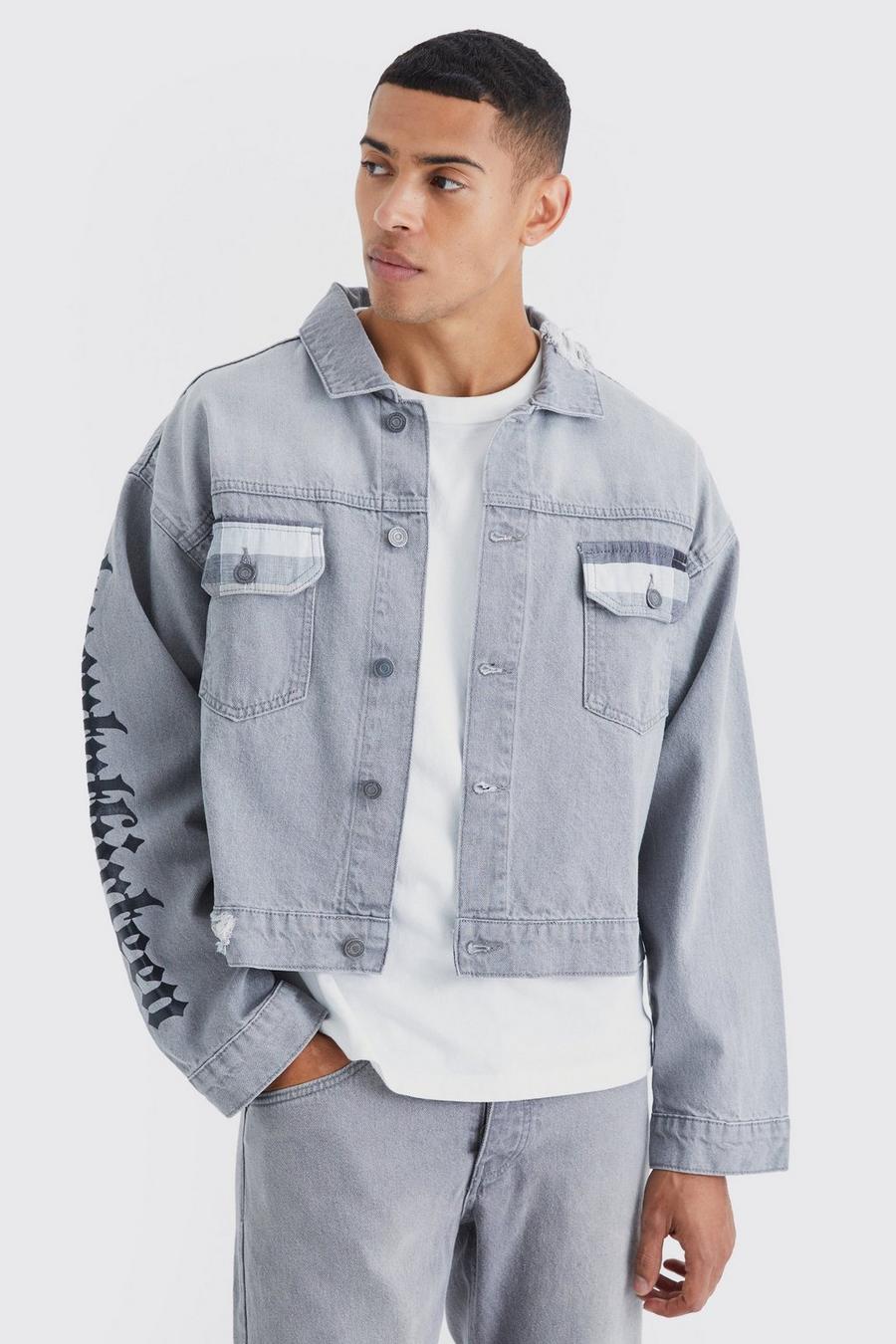 Grey Boxy Fit Back Graphic Denim Jacket