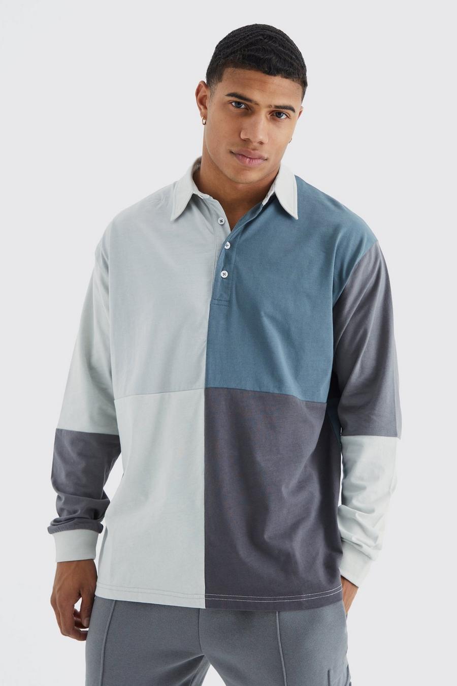 Grey Oversized Color Block Rugby Polo image number 1