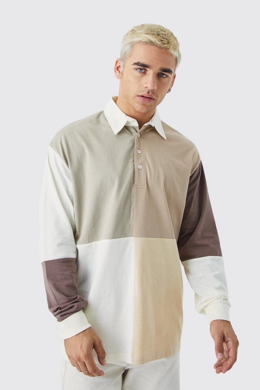 Beige Oversized Color Block Rugby Polo