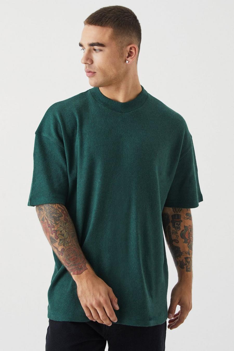Green Oversized Geborsteld Geribbeld Ottoman T-Shirt Met Brede Nek
