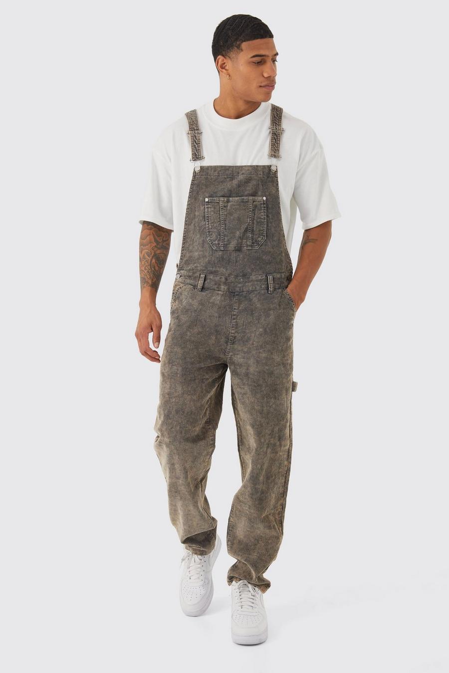 Grey Relaxed Acid Wash Cord Dungaree
