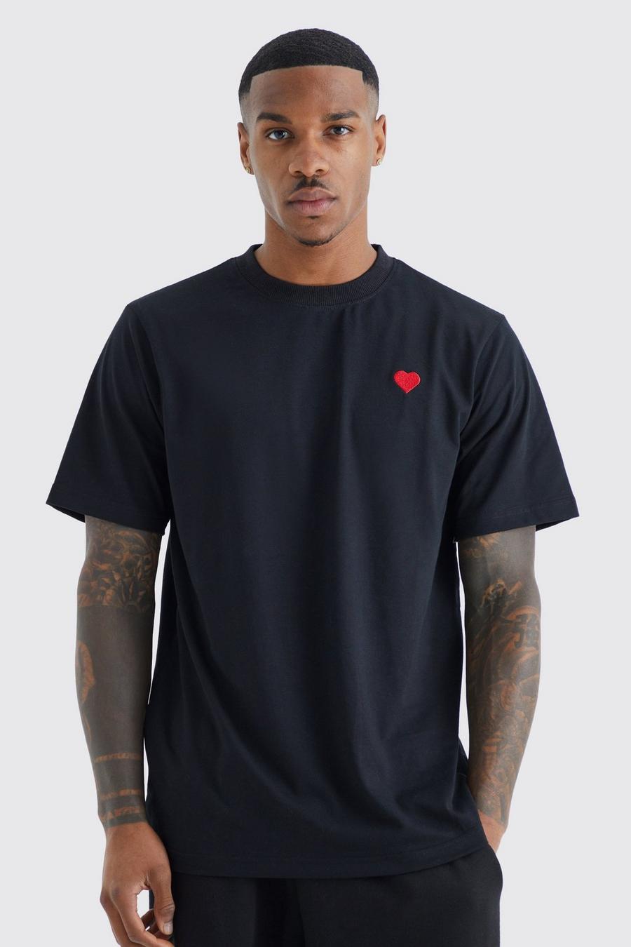 T-Shirt mit Herz-Stickerei, Black