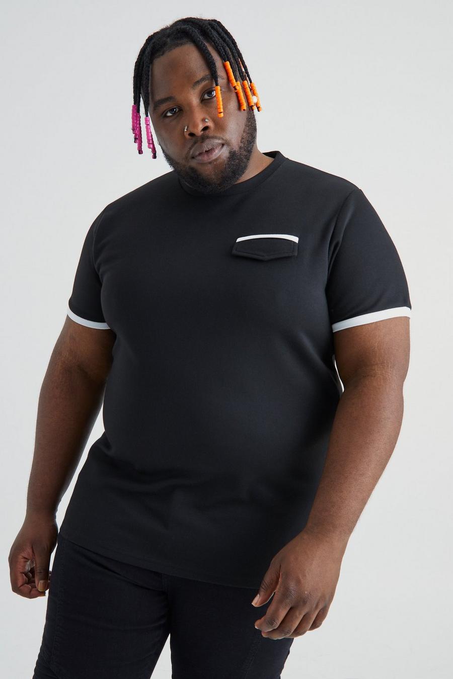 Camiseta Plus elegante ajustada con bolsillo y ribete, Black image number 1