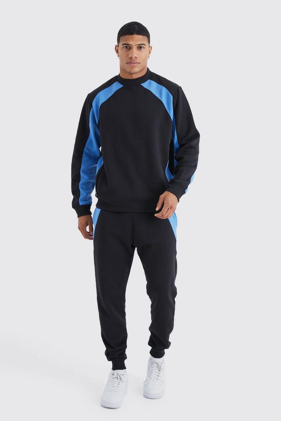 Colorblock Sweatshirt-Trainingsanzug mit Reißverschluss-Detail, Black