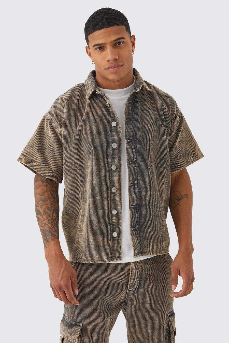Grey Corduroy Boxy Acid Wash Gebleekt Overhemd Met Korte Mouwen