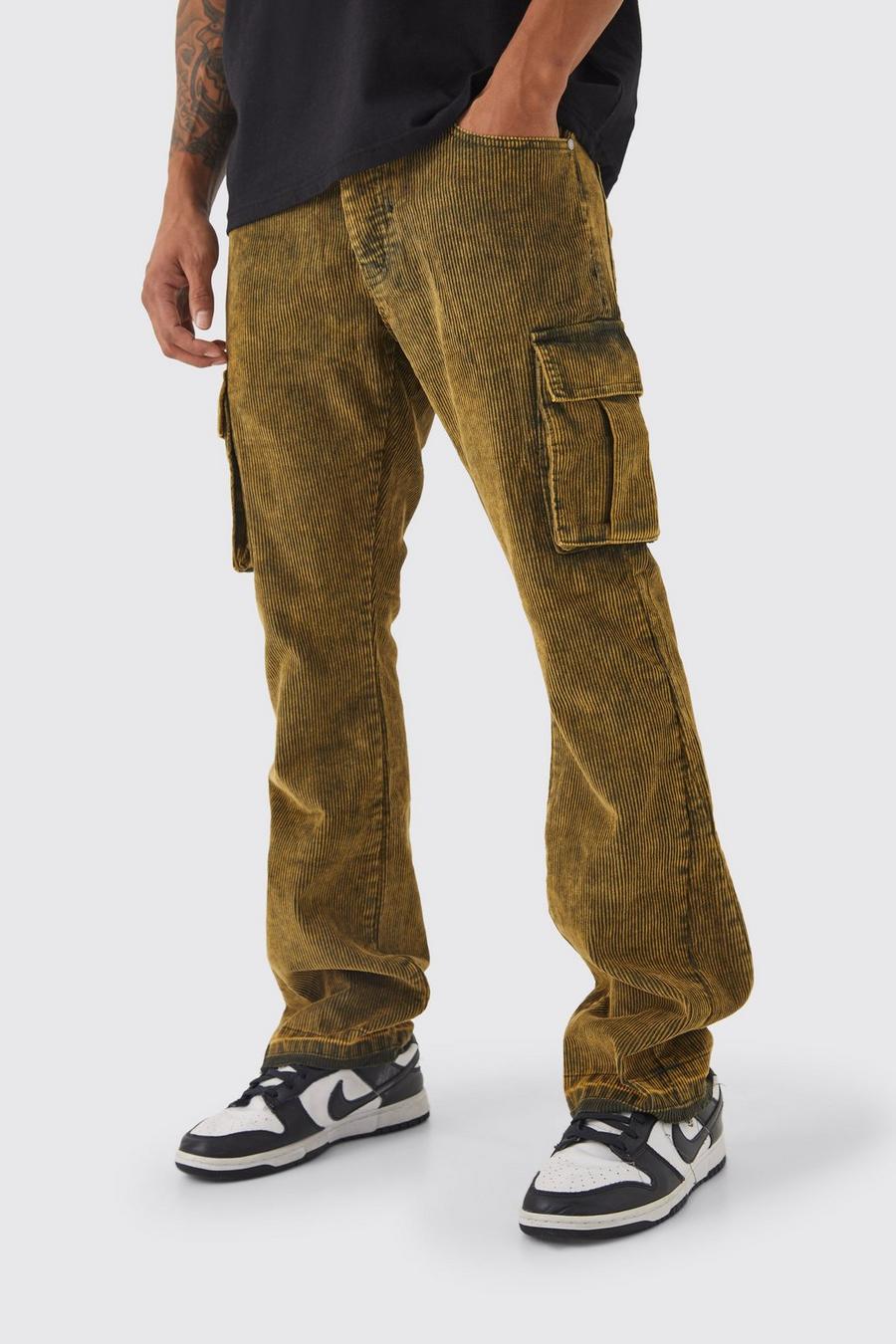 Khaki Slim Flare Acid Wash Cargo Corduroy Trouser