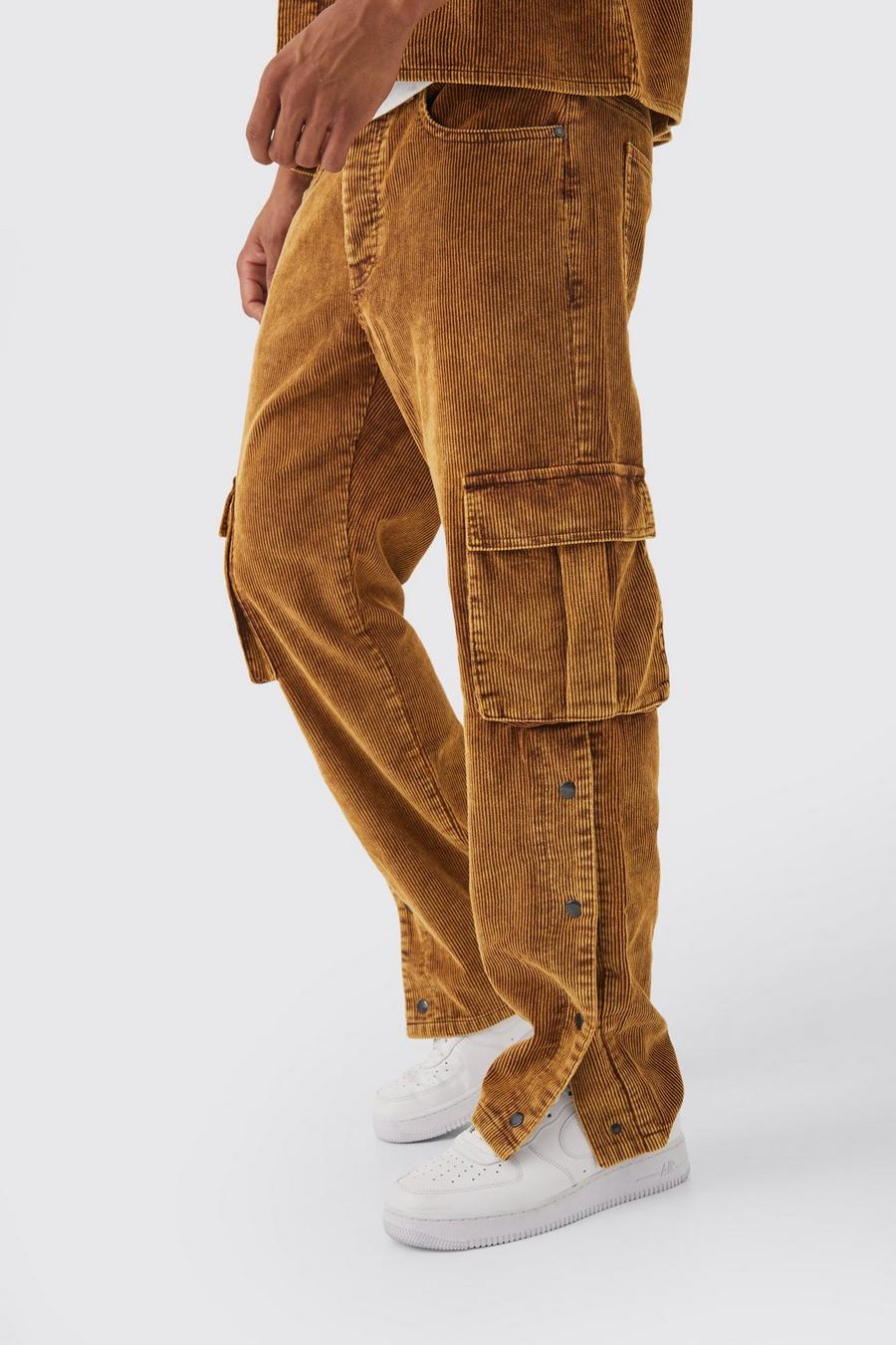 Chocolate Relaxed Acid Wash Cord Cargo Popper Hem Trouser