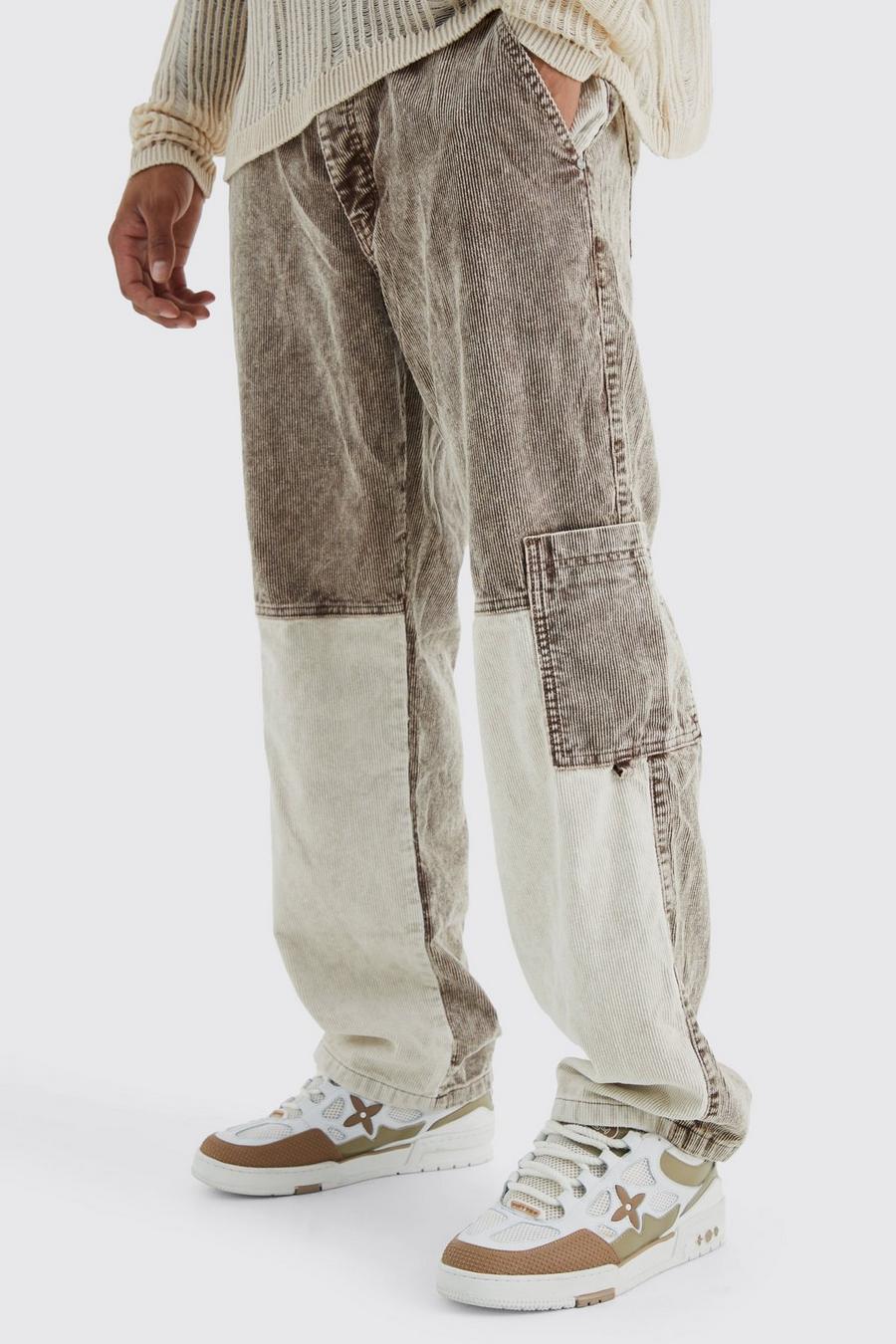 Chocolate Relaxed Colour Block Acid Wash Cord Cargo Trouser
