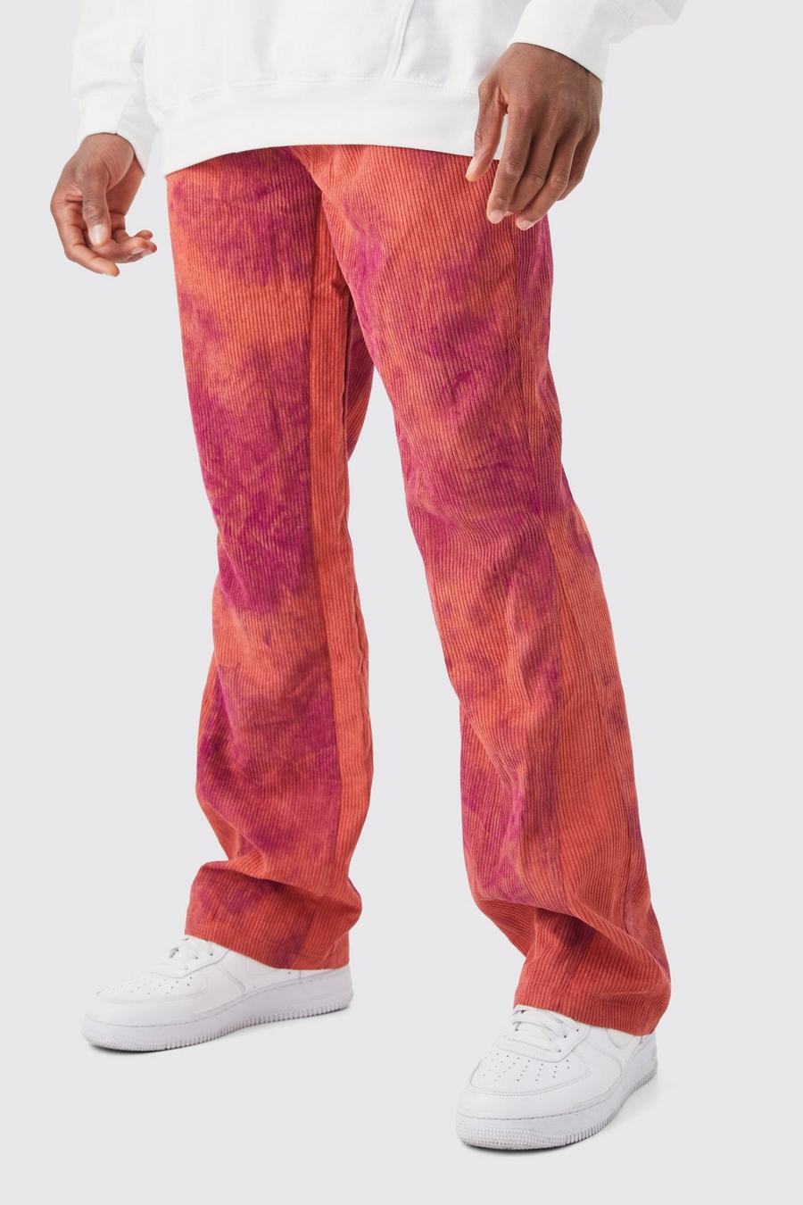 Pantaloni a zampa Slim Fit in velluto a coste in fantasia tie dye con vita fissa, Pink
