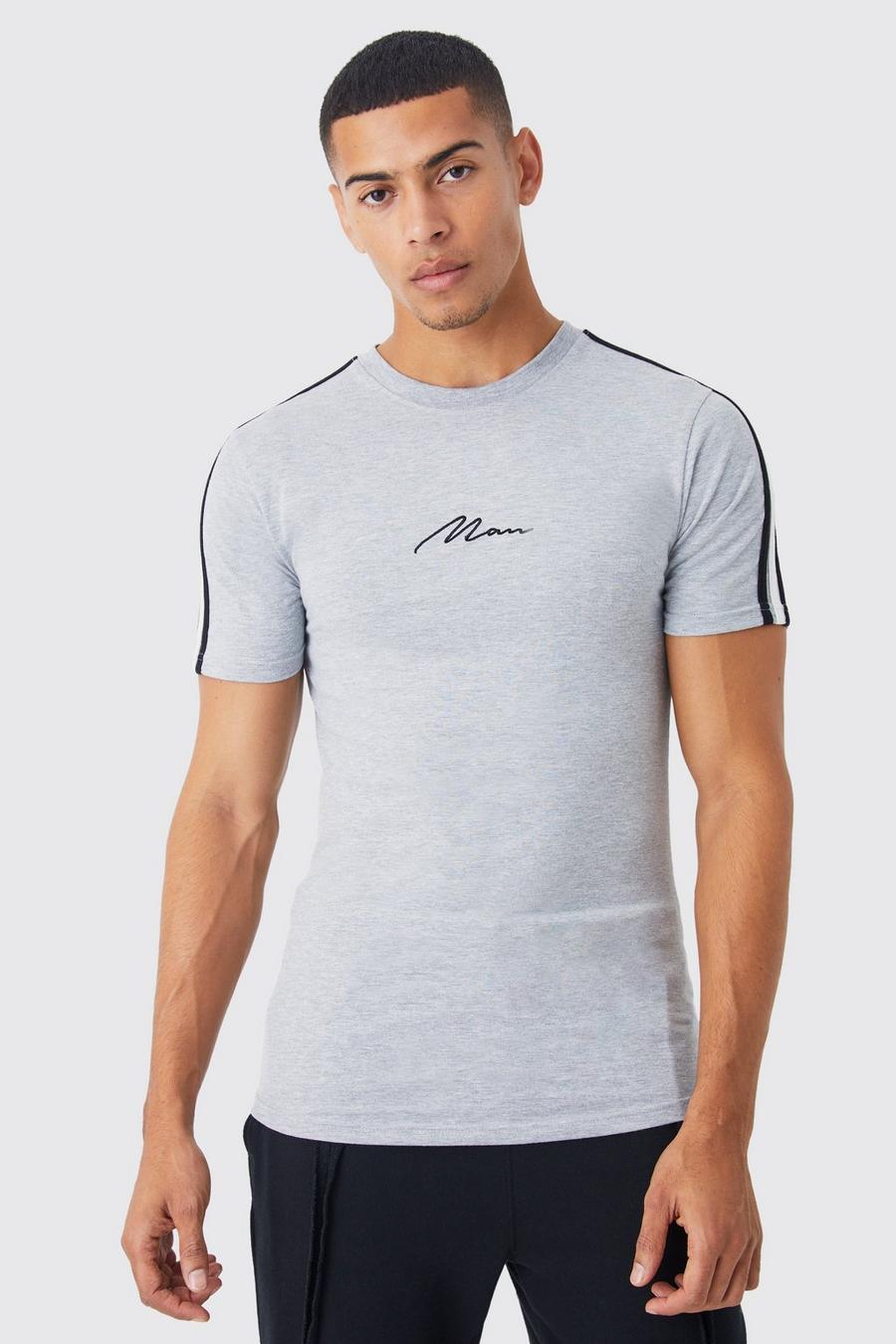 Grey marl Man Gestreept Muscle Fit T-Shirt Met Ronde Zoom