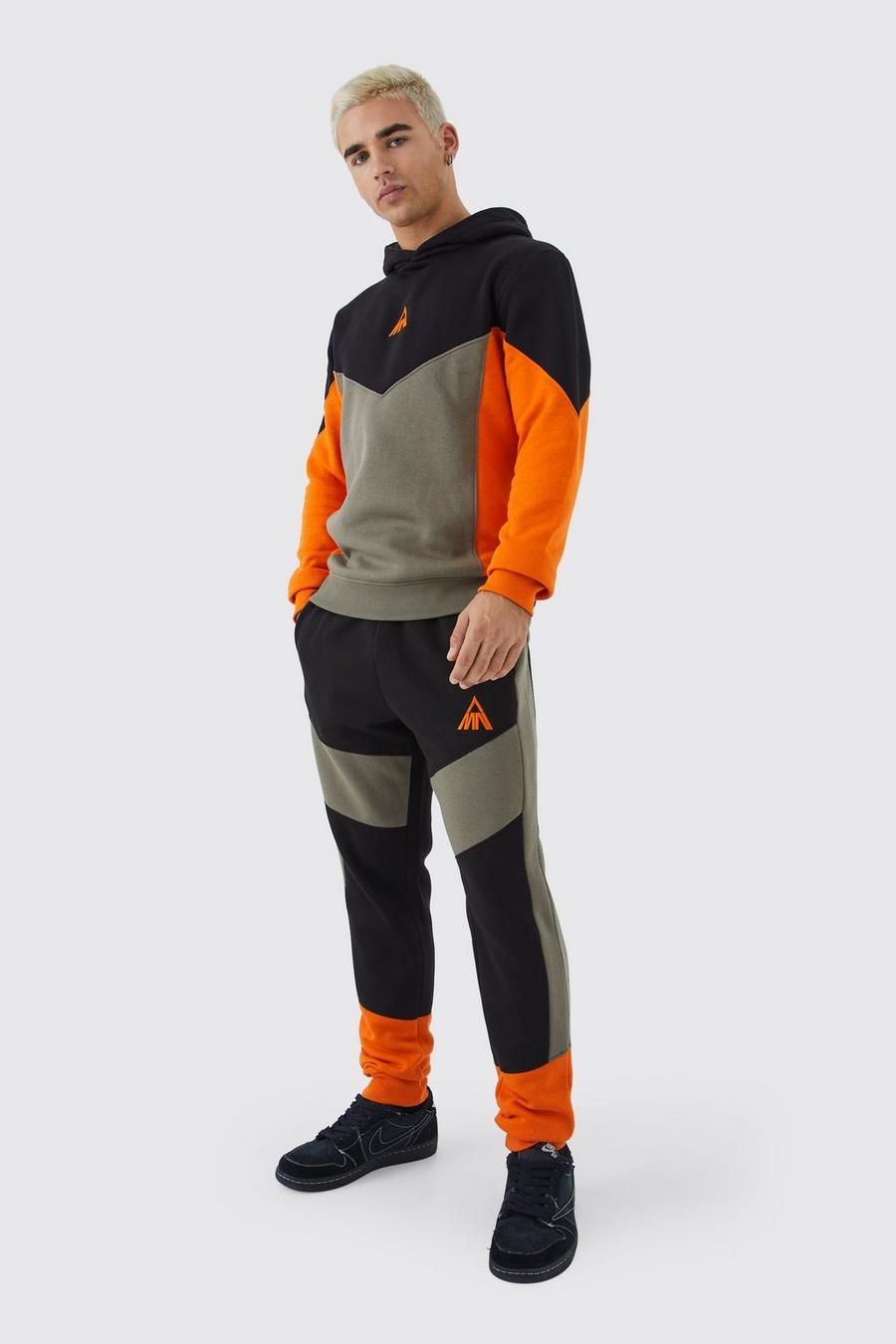 Man Slim-Fit Colorblock Trainingsanzug mit Kapuze, Khaki image number 1