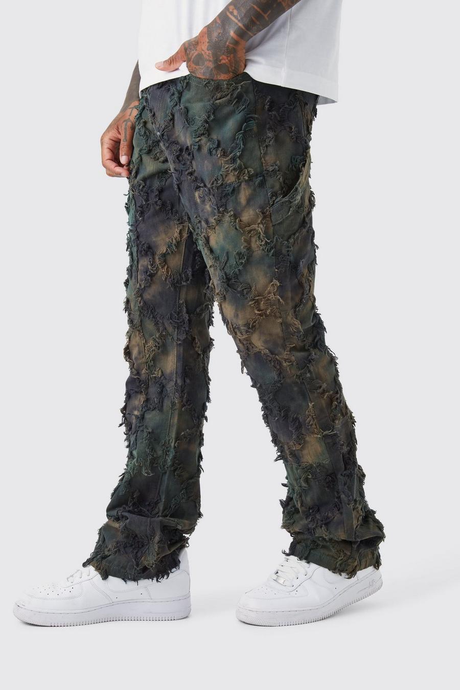Pantaloni Cargo stile arazzo in fantasia militare effetto petrolio con vita fissa, Olive image number 1